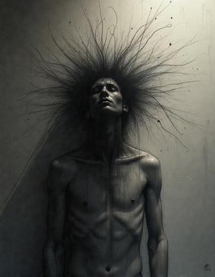 The primary subject of the image is a man with a wild, spiky haircut. He is standing in front of a wall, which serves as the setting or background of the scene. The visual style of the image is a black and white drawing, giving it a classic and timeless appearance. The dominant colors in the image are black and white, creating a stark and dramatic atmosphere.